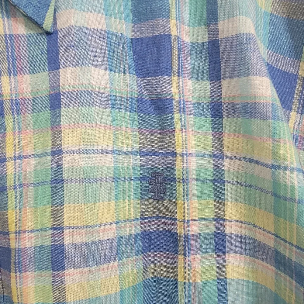 NEW Izod Mens 4XB Madras Woven Florida Key S/S Button Down Multi Plaid Linen Ble